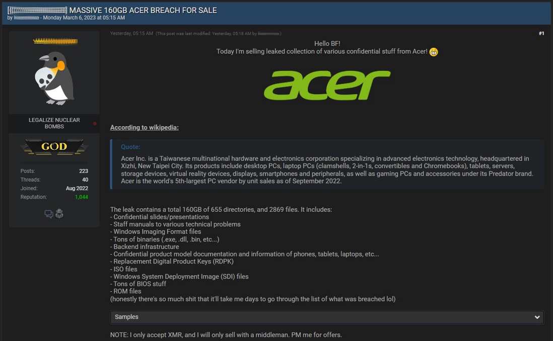 Dados da Acer colocados à venda em fóruns de hackers