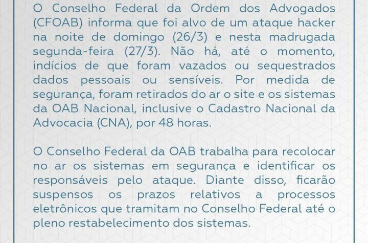 OAB Nacional informa que foi alvo de cibercriminosos