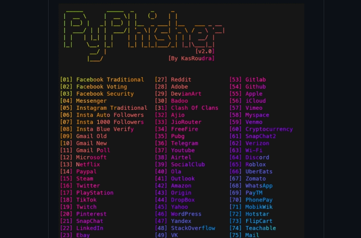 PyPhisher ferramenta de phishing com 75 modelos de site