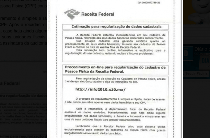 Receita federal faz alerta sobre golpe