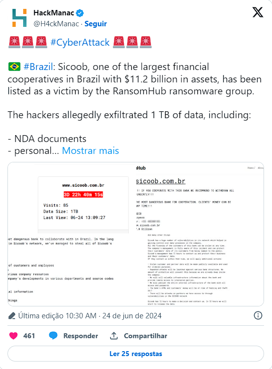 A Cooperativa Sicoob teria sido alvo de um ataque de ransomware que resultou no vazamento de dados de clientes